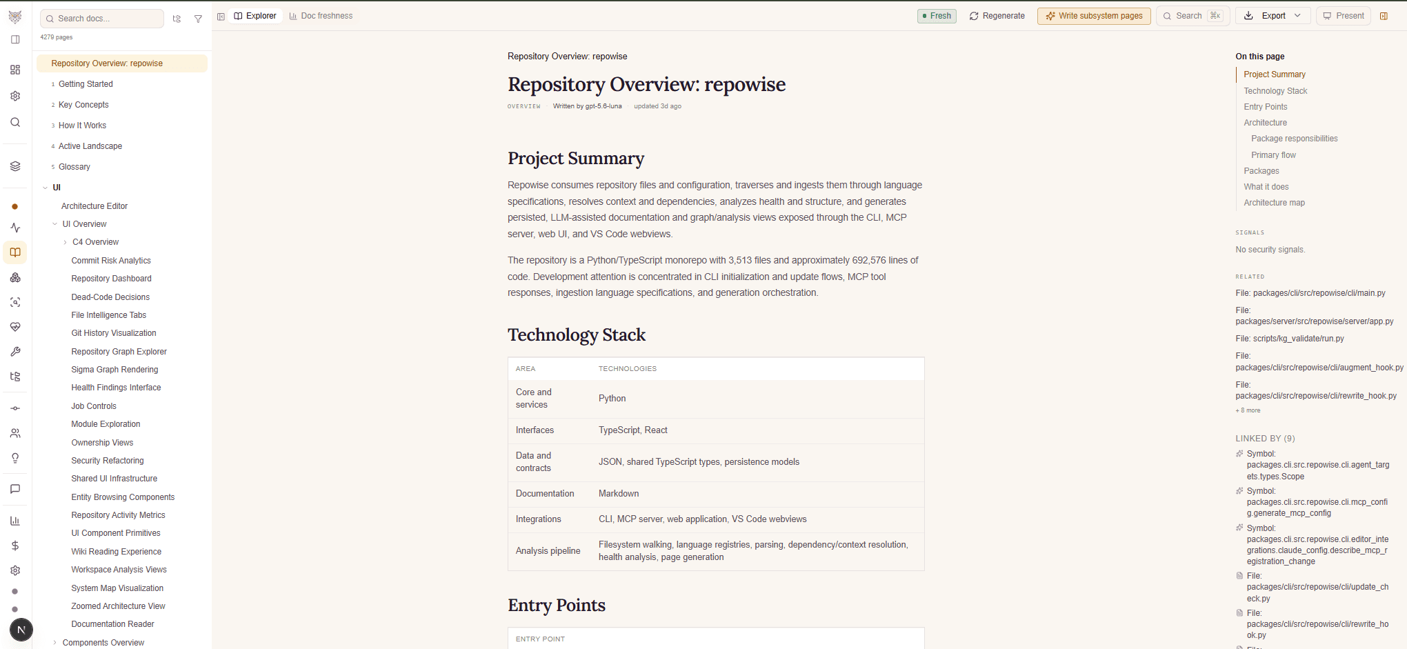 Repowise generated repository documentation with freshness status, navigation, source links, and architecture details.