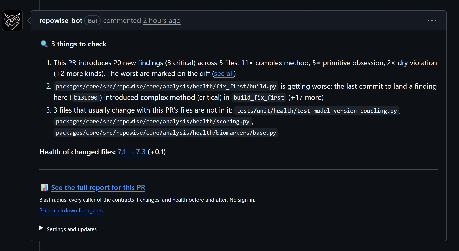 The repowise PR bot comment on a pull request in the repowise repository: three things to check, files that usually change together and the health of changed files, with no model call.