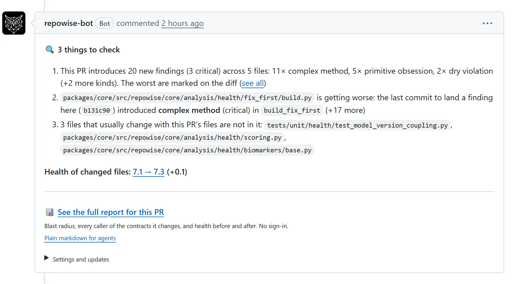 A repowise PR bot comment with health, change risk, review priority and hidden coupling.