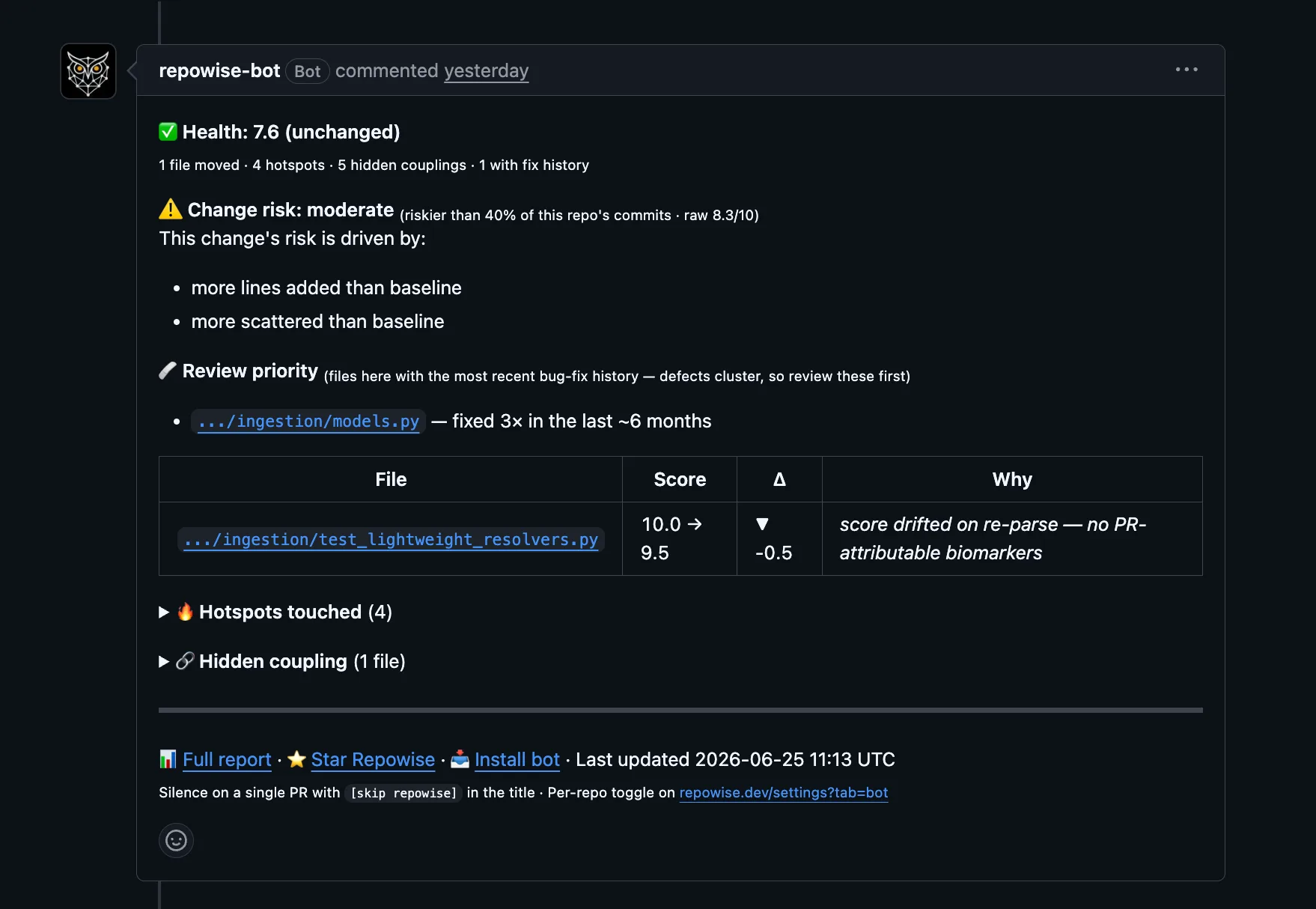 Repowise PR Bot showing code health, change risk, and review evidence on a pull request.