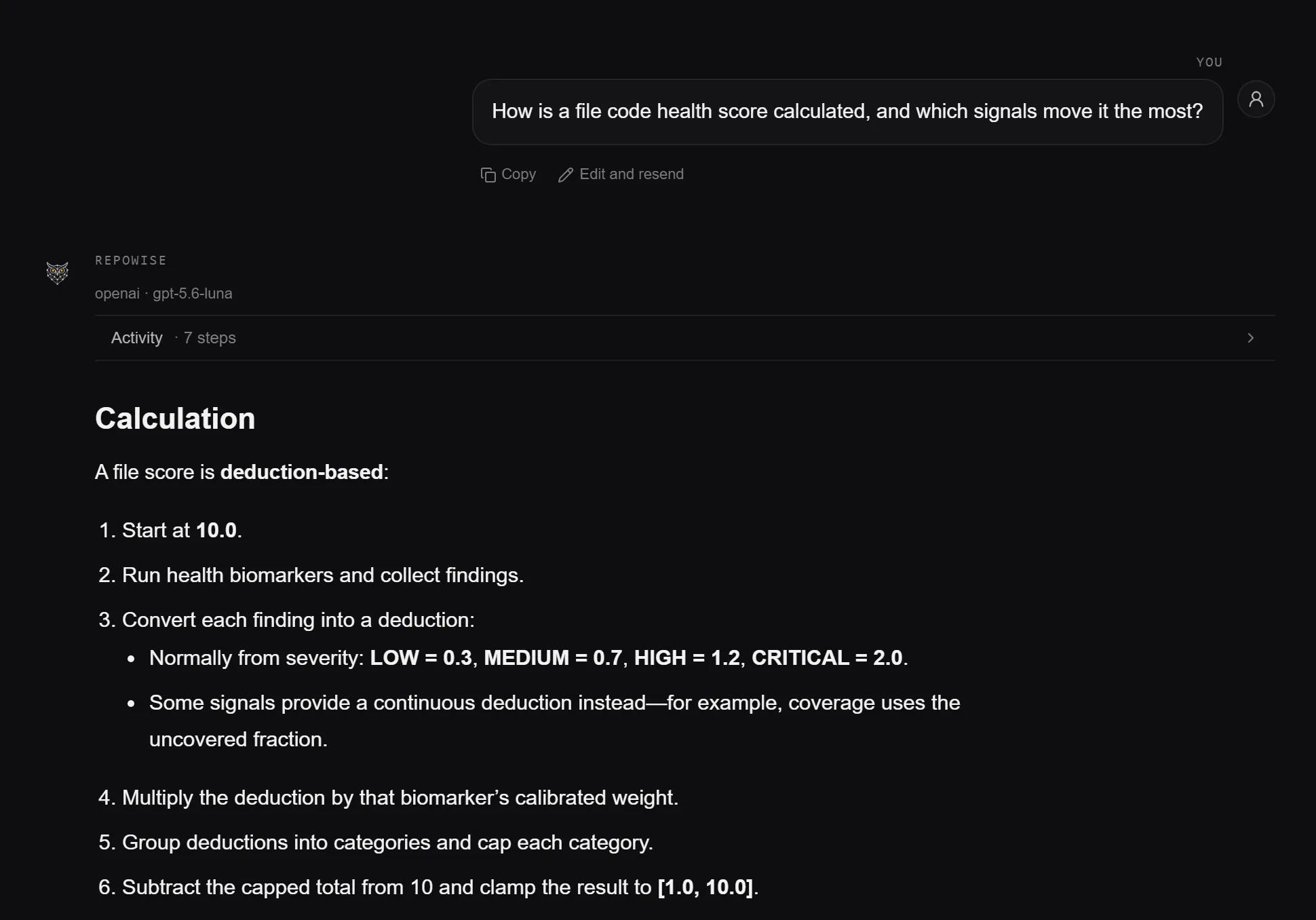 repowise answering a question about how a file health score is calculated, with an activity trail and a structured answer