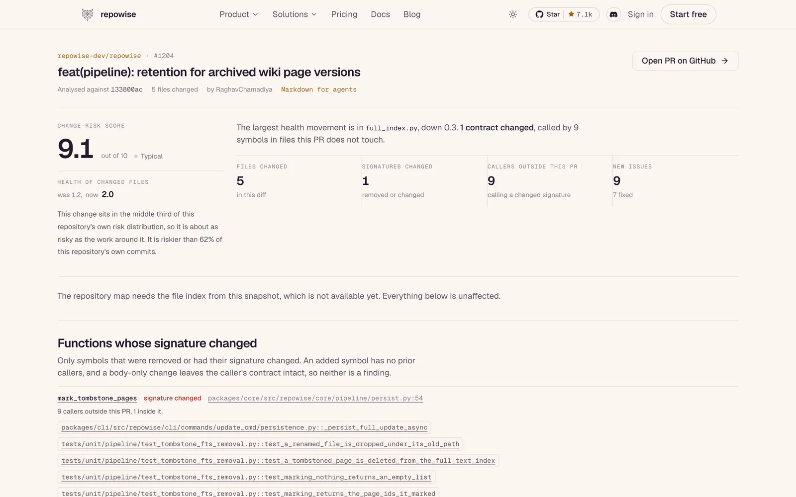 The Repowise report for pull request 1204 on repowise-dev/repowise: change-risk score 9.1 and one changed signature called by nine symbols outside the pull request.