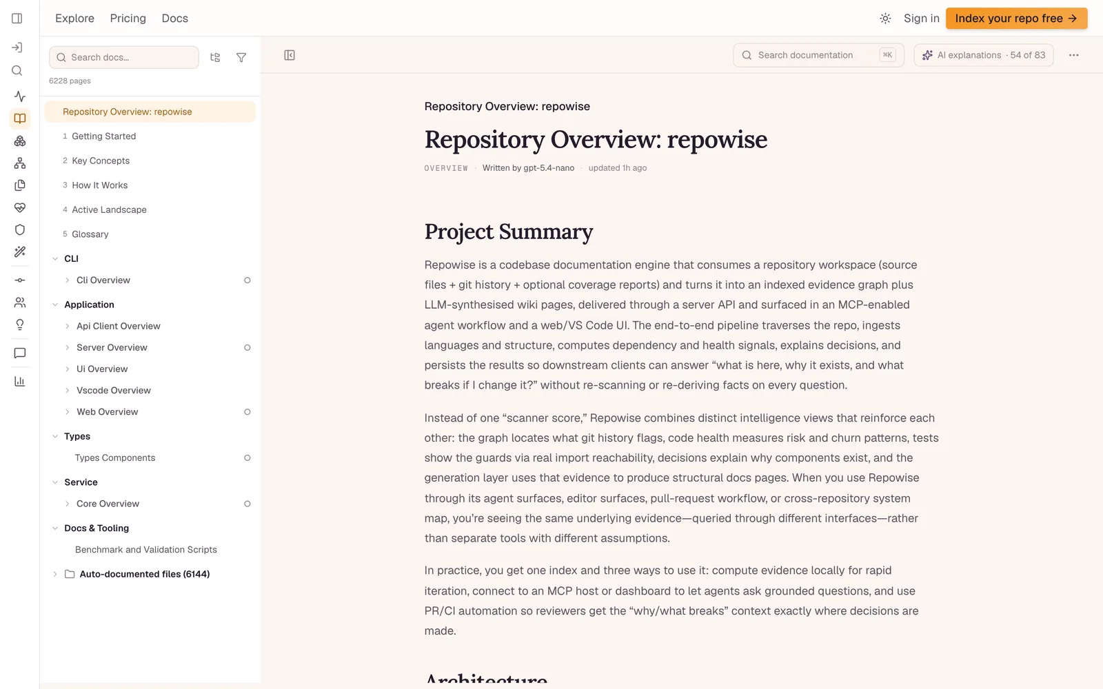 The documentation for repowise-dev/repowise on repowise.dev: a repository overview page written by a model, with the page tree on the left.
