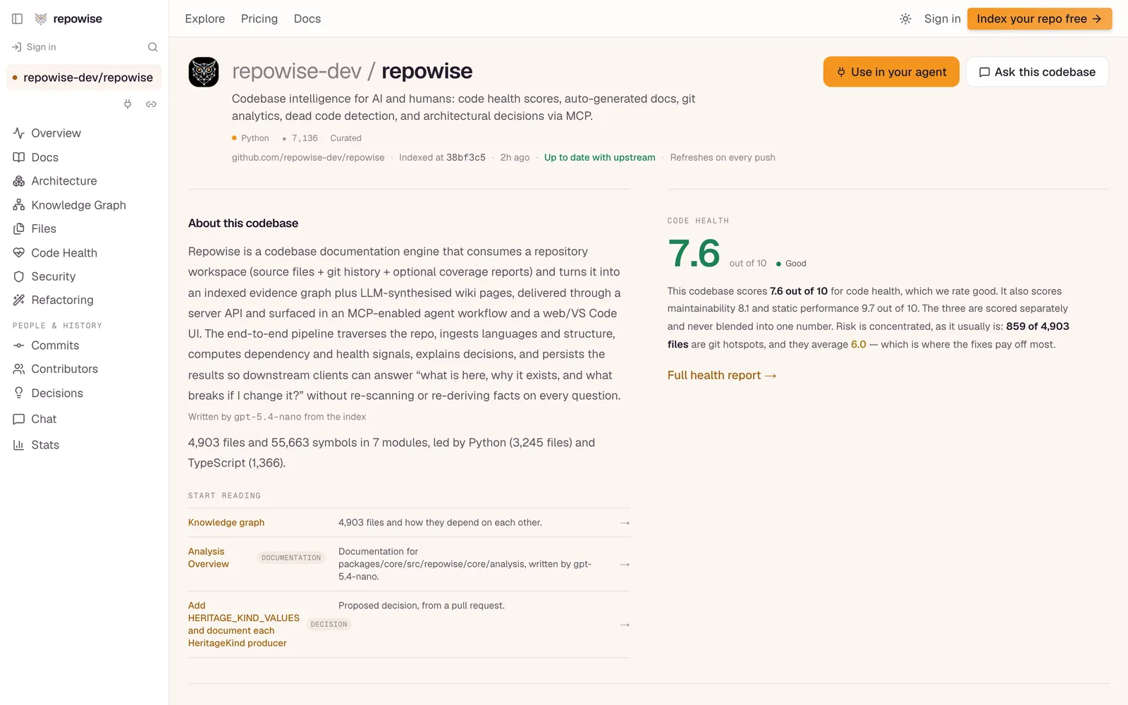 The public repowise-dev/repowise page on repowise.dev: a plain-words summary of the codebase beside its code-health score of 7.6 out of 10.