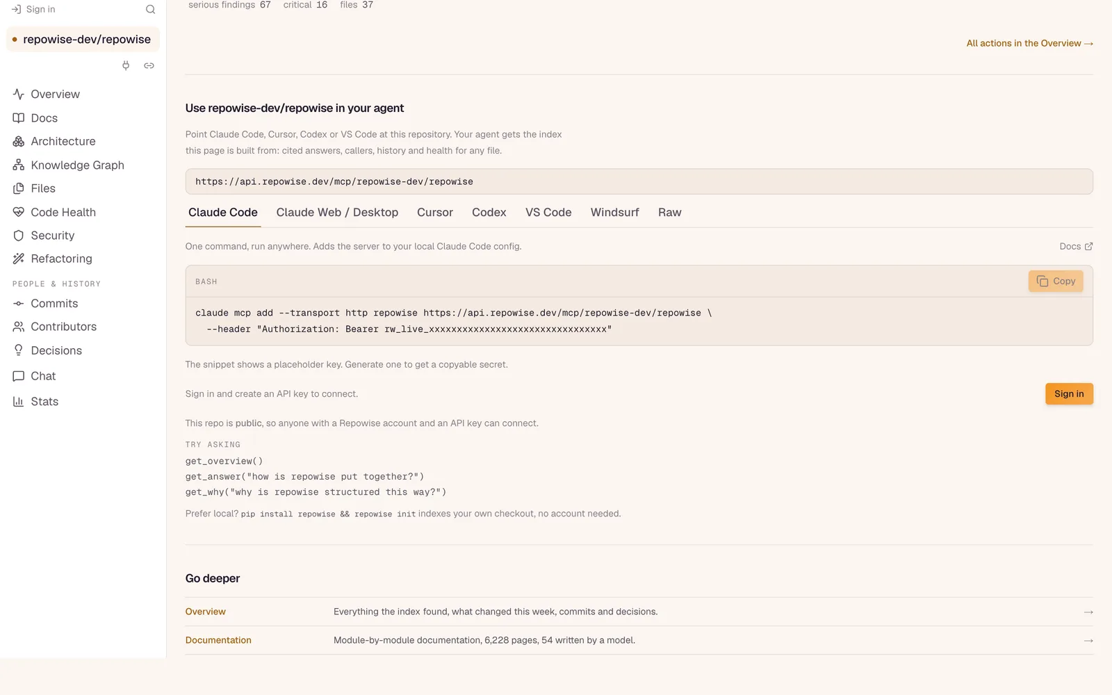 The 'Use in your agent' panel on the repowise-dev/repowise page: the repo's MCP address and setup tabs for Claude Code, Claude Web and Desktop, Cursor, Codex, VS Code and Windsurf.