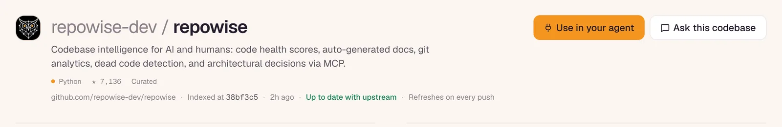 The repowise-dev/repowise repo page header: indexed at the latest commit, up to date with upstream, refreshes on every push.