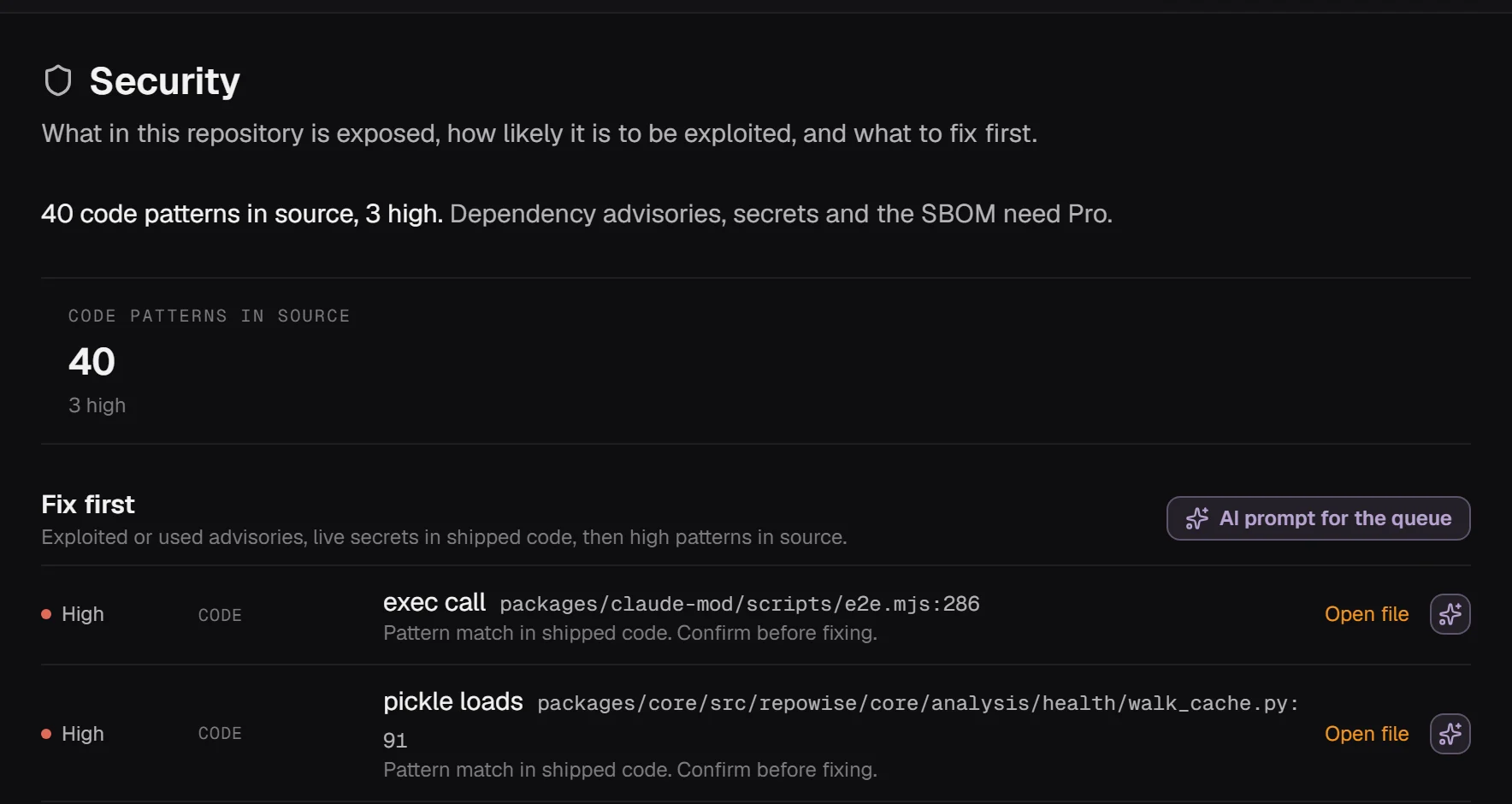 The repowise security page: what is exposed, the code patterns found in source, and a fix-first list with the file and line for each.