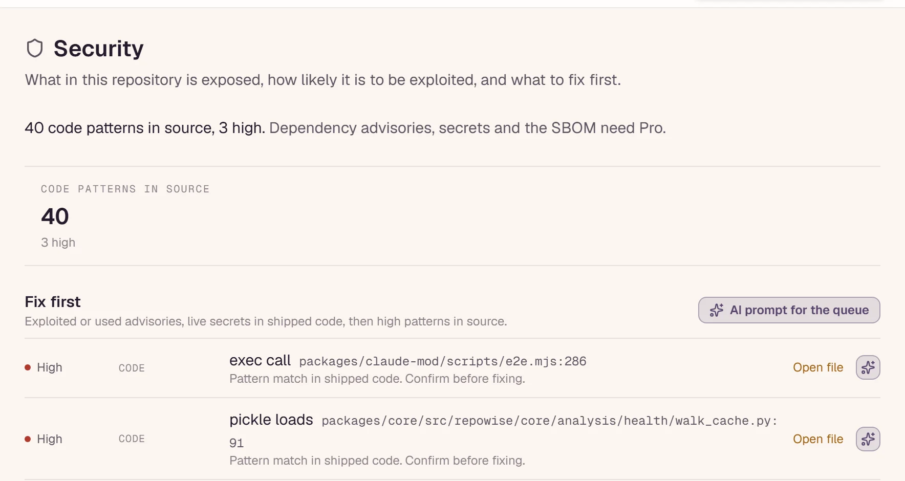 The repowise security page: what is exposed, the code patterns found in source, and a fix-first list with the file and line for each.