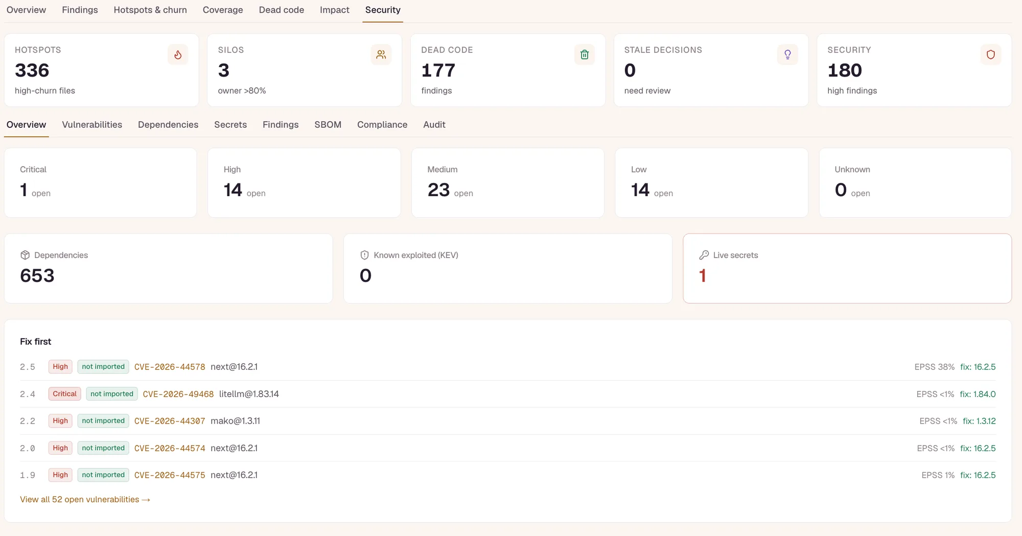 Repowise security view showing dependency vulnerabilities, reachability evidence, and secret findings.