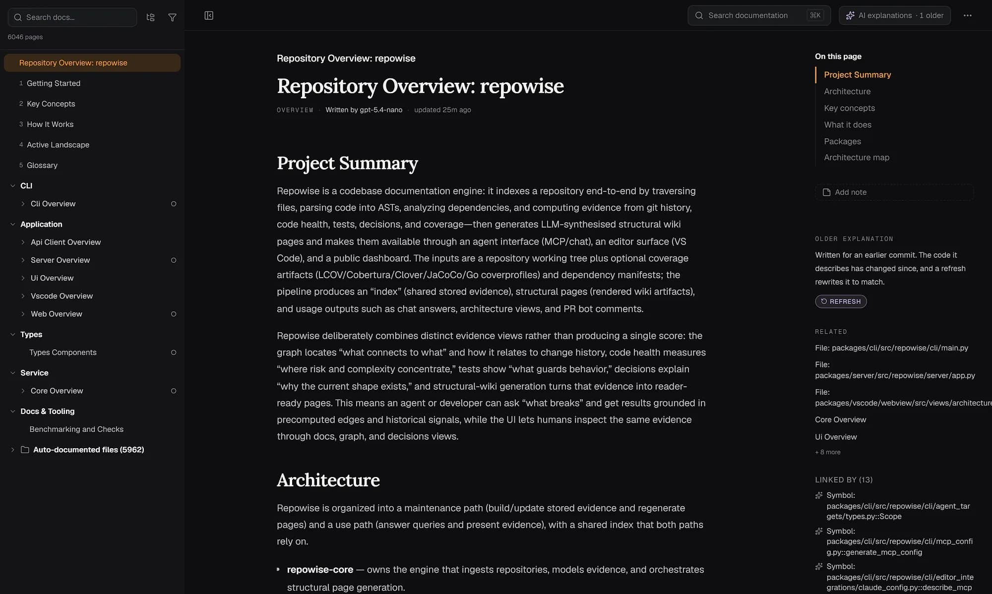 The repowise wiki for the repowise repository: a generated repository overview with a page tree, an on-this-page outline and links to related files and symbols