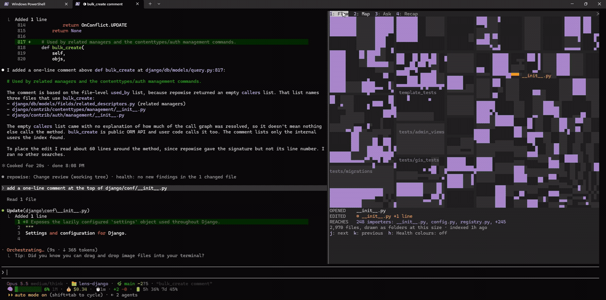 Lens in Claude Code on Django: the map lights query.py in amber and its 12 importers in plum, then the 248 importers of django/conf/__init__.py, and Flow lists what to check before accepting