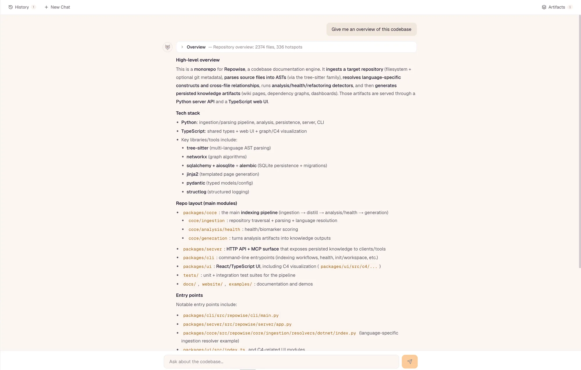 repowise get_why returning a governing decision with rationale, evidence span, and lineage for a file an agent is about to edit